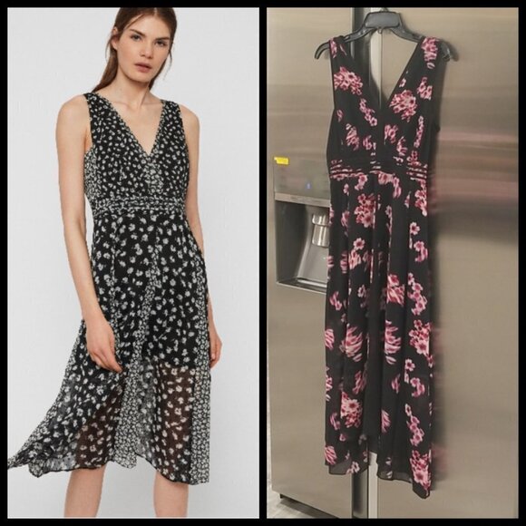 💕ALLSAINTS💕 Marcella Jasmine Dress ~ Jasmine Black Absract Moody Floral 6 NWT - Picture 1 of 15